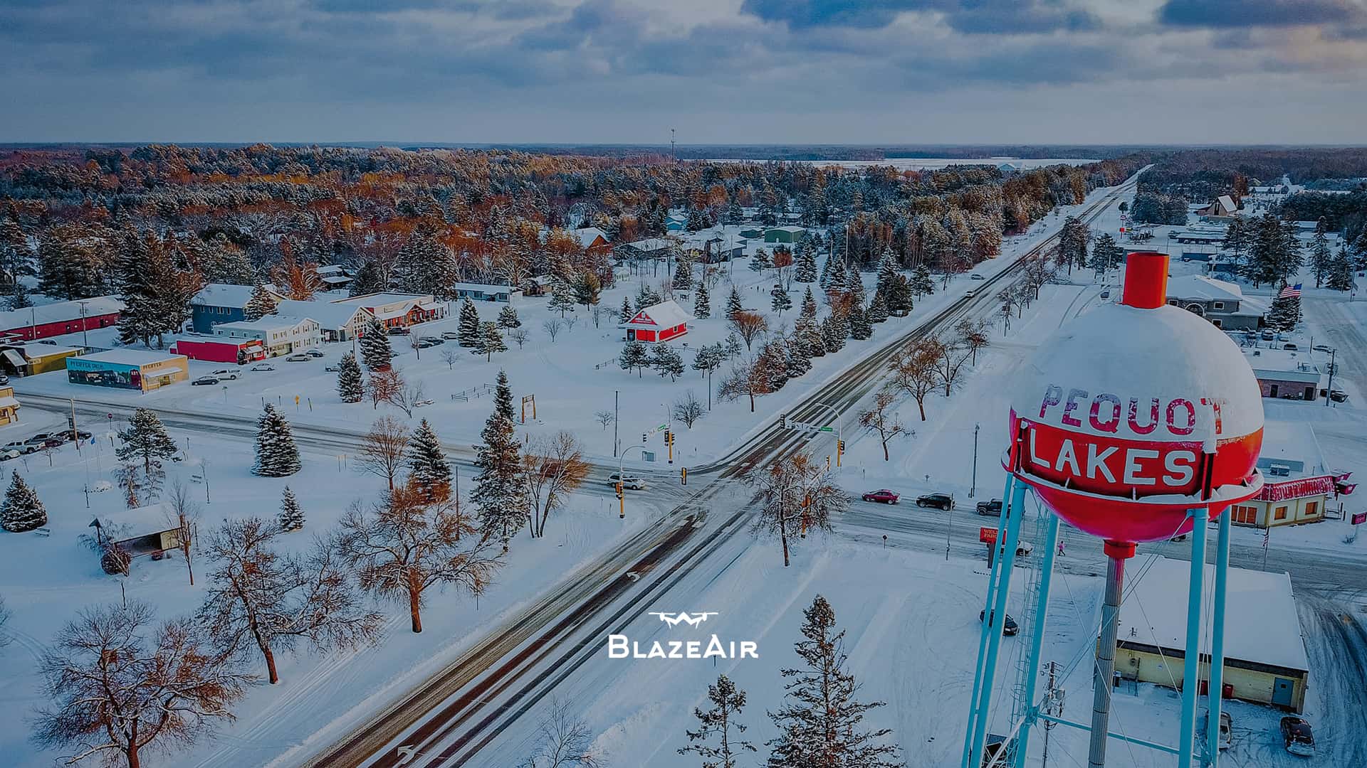 A photo of Pequot Lakes bobber tower aerial view of the town in the middle of winter